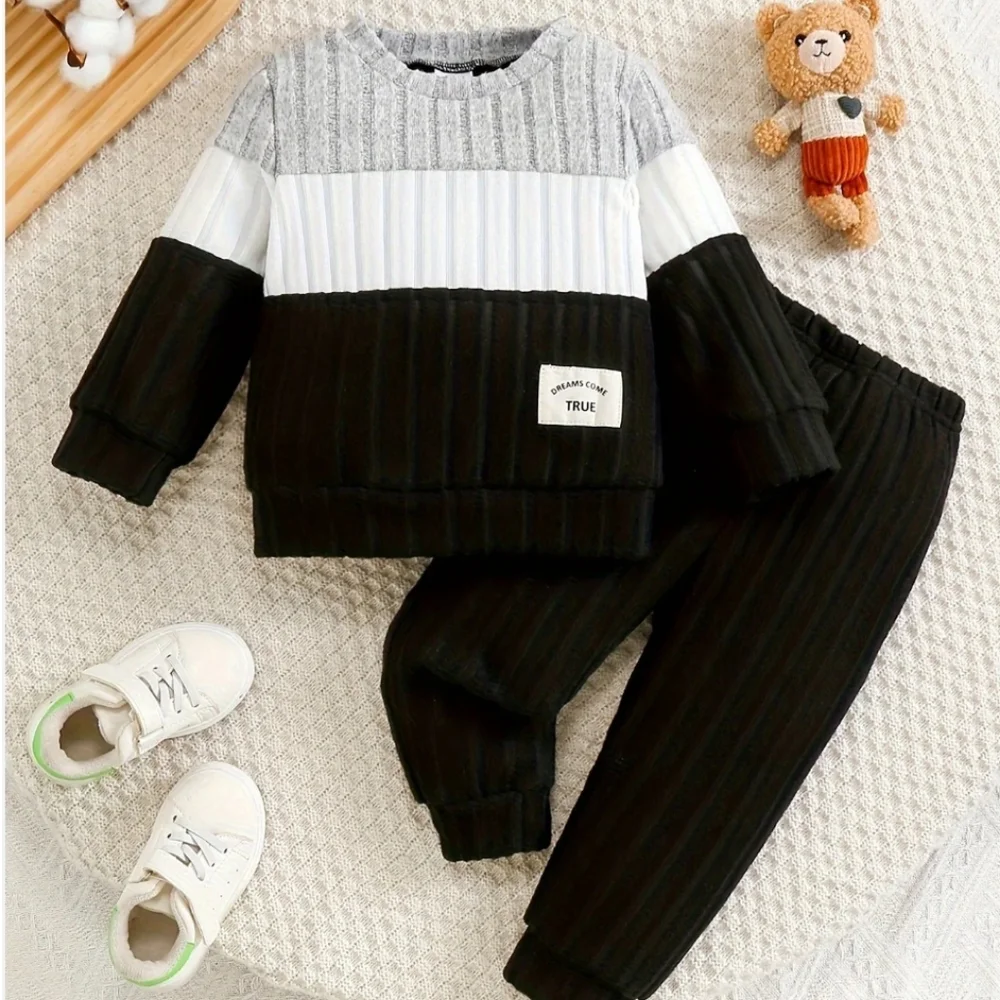 Toddler Boys 2PC Autumn Knit Long Sleeve Top with Elastic Waistband Ribbed Pants
